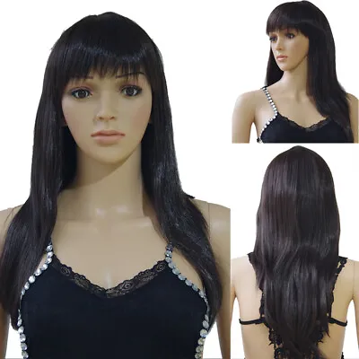 UK Real Heat Resistant Hair Full Wig Long Straight Wavy Wigs With Fringe Black G • £18.93