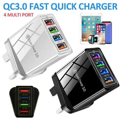 USB QC3.0 Hub 4 Ports Fast Charge Mains Wall Charger Adapter UK EU Plug Travel • £4.26