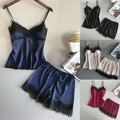 £3.75 • Buy Women Satin Silk Lace Cami Vest Shorts Lingerie Ladies Pyjamas Set Sleepwear PJs