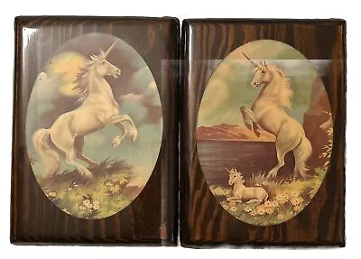 VINTAGE UNICORN WOOD PLAQUE LOT (2)  WALL ART 9x6”RETRO MYSTICAL FANTASY DECOR • $15