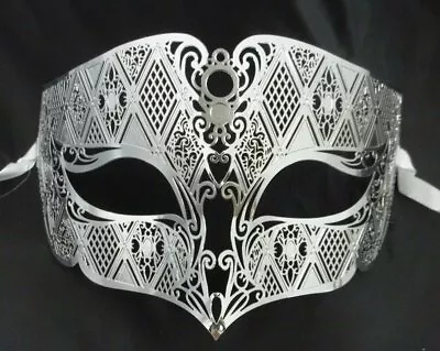 Silver Male Diamond Design Laser Cut Venetian Masquerade Metal Filigree Mask Men • $11.99