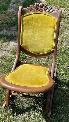 Vintage Antique Mid Century Wood Green Velvet Folding Rocking Sewing Chair Nice • $148