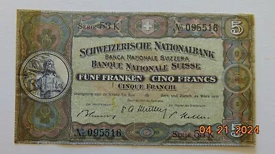 24.04 #98: SWITZERLAND 5 Francs 1952 Serie: 53K P-11p  XF Circulated* • $12.50