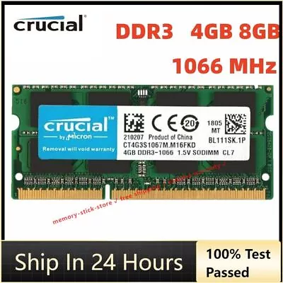 CRUCIAL DDR3 4GB 8GB 1066 MHz PC3-8500 Laptop SODIMM 204-Pin Memory RAM 8G 4G • $17.05