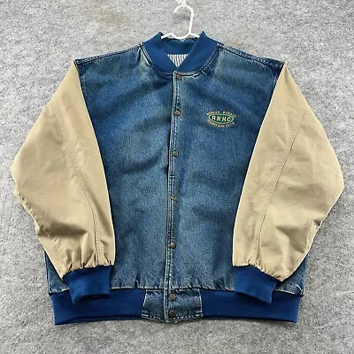 VINTAGE Denim Jacket Mens XL Blue Beige Logo Cotton Varsity Bomber Coat 90s • $39.95