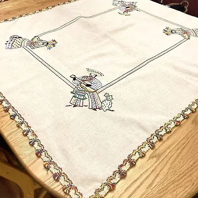 Handmade Mexican Themed Cotton/linen Embroidered Tablecloth Figural Multicolored • $24