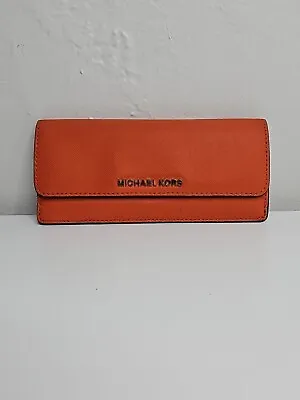 Michael Kors Leather Plain Flat Wallet Orange With Gold Zipper Accent • $49.95