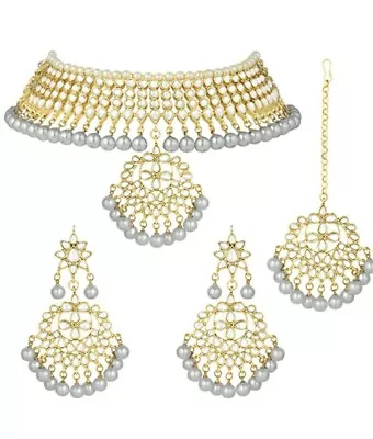 Aheli Faux Kundan Necklace Earrings Maang Tikka Set Indian Jewelry Set For Women • $22.50