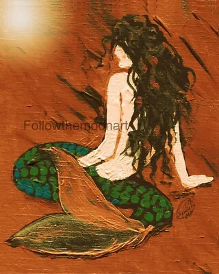 Black Haired Mermaid In The Sun  Green Gold Wall Art Print  • $16.95