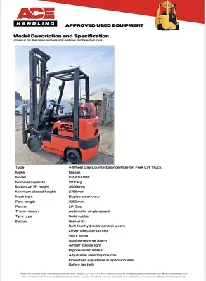 £6995 • Buy Compact Nissan 1.5t Gas Forklift Hire-£59.99pw Buy-£6995 HP-£53.50pw AH1511