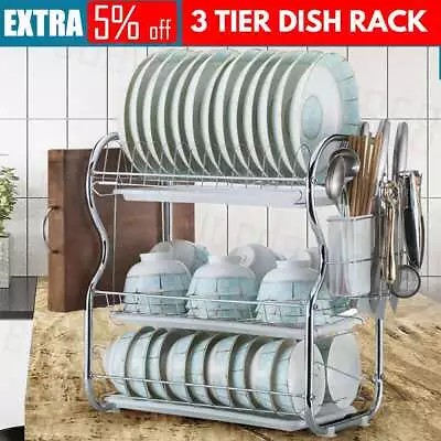 3 Tier Stainless Steel Dish Drainer Cutlery Rack Drainer Kitchen Storage Holder • $26.99