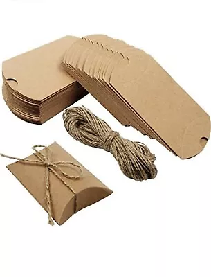 $15 • Buy 100 Pack Kraft Pillow Boxes For Jewelry Small Gift 5.7”x2.74  Roll Jute Twine