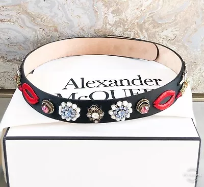 Alexander McQueen Black Crystal Embellished Lips Satin Waist Belt • $695