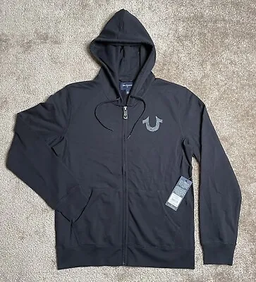 True Religion Mens Shoe String Horseshoe Zip Up Hoodie Size Medium Jet Black NWT • $59.99