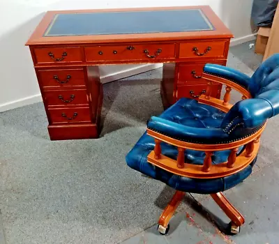 Leather Top Writing Desk And Captains Chair  Blue Leather Retro Style • £104