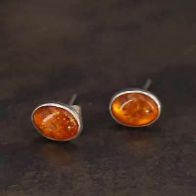 VTG Sterling Silver - POLAND Baltic Amber Cabochon Post Stud Earrings - 1g • $6.50