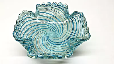 Vintage Murano Blue Swirl Zanfirico Latticino Gold Aventurine Bowl Fratelli Toso • $125