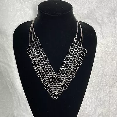 $8 • Buy Silver Tone Chain Bib Necklace Womens V Shape Adjustable Length Lobster Claw 