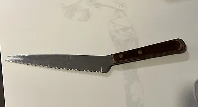 Vintage Ekco V Vanadium Stainless Knife 12”  Steel Forked Blade Wood Handle • $14