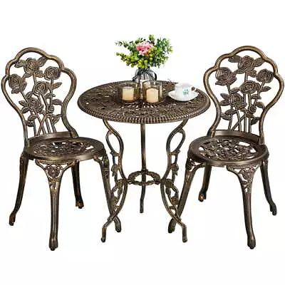 3-Piece Rose Pattern Metal Outdoor Bistro Set With Umbrella Hole Bronze • $160.07