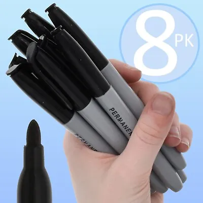 PERMANENT MARKER PEN SET 8Pk Black Bullet Felt Tip Quality Smudge Free QUICK DRY • £3.98