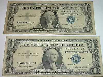 TWO (2) 1957 ONE DOLLAR BILLS - BLUE SEAL - SILVER CERTIFICATE Good Condition  • $11