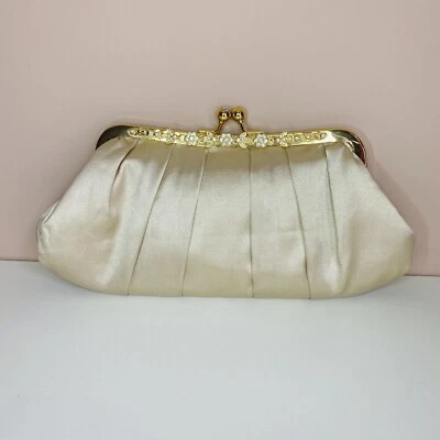 £28.75 • Buy Jenny Packham No1 Satin Clutch Bag Sparkly Kiss Clasp Champagne Gold Colour Prom