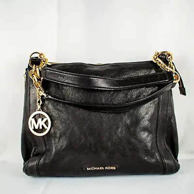 MICHAEL KORS Stanthorpe With Gold Chain-Link MK Black Leather Women Tote Handbag • $500
