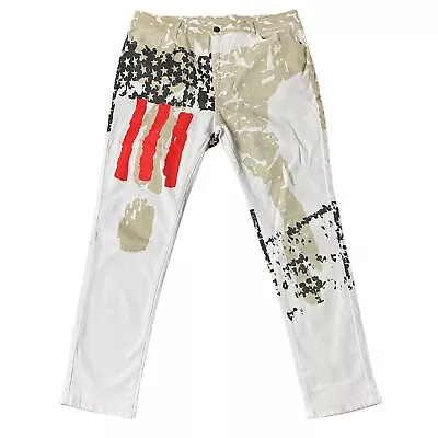 Patriotic American Flag Jeans Mens Size 38 USA All Over Printed White Denim Slim • $19.99