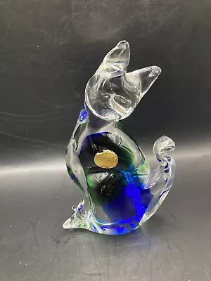 Murano Art Glass Cat Figurine Cobalt Blue Green To Clear 5  Tall Sticker Venezia • $28