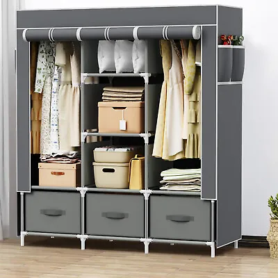 Triple Canvas Wardrobe W/Hanging Rail Shelving Student Flat Storage Cupboard UK • £41.49