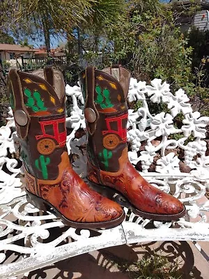 12D 11.5D Custom Hand Tooled In Lay Over Lay Wild West Them Cowboy Western Boots • $202.50