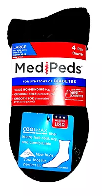 Medi-peds Diabetic 4-pr Quarter Non-binding Socks Black Lg Fit 7-12 Mens Shoe • $13.88