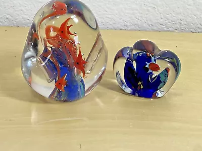 Vtg 2 Colorful Hand Blown Glass Paper Weight Aquatic Ocean Life Fish Art Glass • $34.99