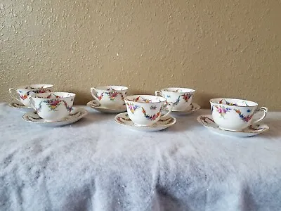 Set Of 6 Porcelain Epiag Czech Cup & Saucer Floral Swag Era20s-40s • $70