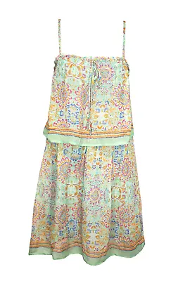 Anthropologie ELLA MOSS M Dress Silk Chiffon Tiered Mint Green Pink Floral Print • $25.49