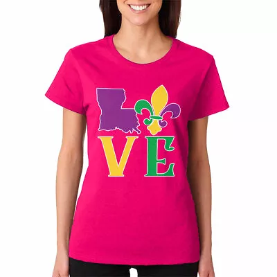 $9.95 • Buy Love Lousiana State Flag Mardi Gras Beads Fun Party  Women's T-Shirt