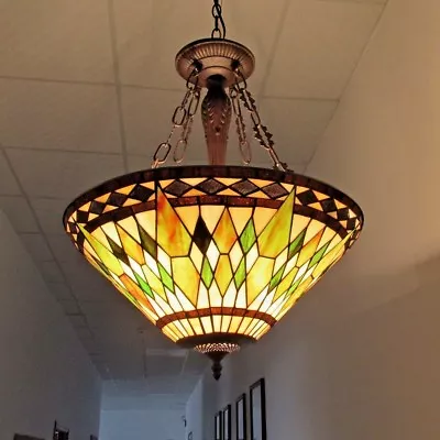 Ceiling Pendant Light Tiffany Style Hanging 20  Inverted Mission Stained Glass   • $268.98