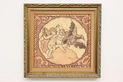 Cherubs & Dove Original Vintage Batik Painting Signed 26.5  #47155 • $340