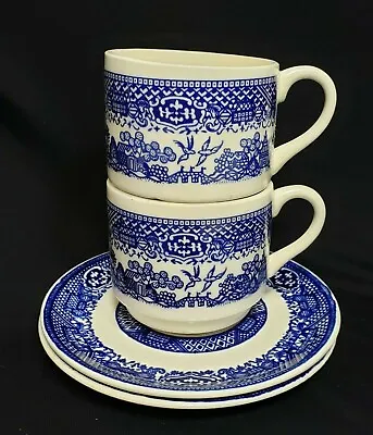 Vintage Oriental Blue Willow Coffee Cups And Saucers HOMER LAUGHLIN Usa Set 2 • $10