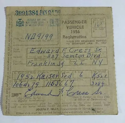 1956 NY Car Registration Stub Card Nassau Co Vtg DMV 1952 Kaiser Sedan Vintage • $17.98