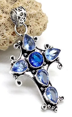 925 Sterling Silver Tanzanite Gemstone Handmade Jewelry Cross Pendant Size-2 • $14.53