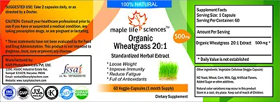 $9.29 • Buy ORGANIC Wheat Grass 20:1 Extract Capsuels , Pure & High Quality, Antioxidant