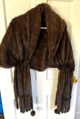 POLOGEORGIS Mahogany Mink Fur Scarf Shawl Wrap Fringe Balls Knitted  76  X 31  • $400