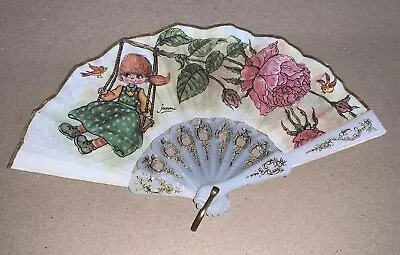 Joan Vintage 60-70'S Hand Travel Fan Girl On Swing Rose & Birds Spain • $14.95