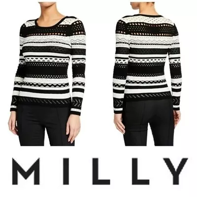 NWT Milly Striped Pointelle Crochet Knit Sweater Size M Black & White • $74.99