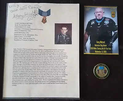 RARE Gary Wetzel Medal Of Honor MoH Army Vietnam 2x Autographs & Challenge Coin • $125