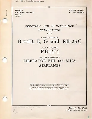 B-24D E G RB-24C Liberator 1943 Erection & Maintenance Flight Manual - CD • $27.95