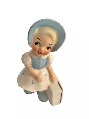 Vintage Ucagco Girl Figurine With Suitcase Rare  Blue White Bonnet Japan 4 Inch • $18.95