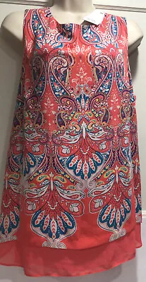 Rose & Olive Sleeveless Tunic Top Pullover Peachy Paisley Print Size 1X Layered • £33.74